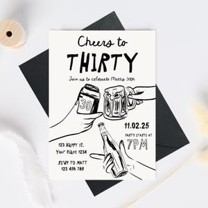 30th Birthday Invitation Template, Male 30th birthday invite, Cheers to 30 Years Invitation, Whimsical Thirty Invite template, Beer 30th