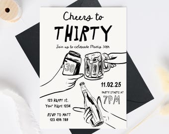 30th Birthday Invitation Template, Male 30th birthday invite, Cheers to 30 Years Invitation, Whimsical Thirty Invite template, Beer 30th
