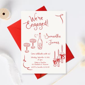 Hand Drawn Engagement Party Invitation Illustration invite, Handwritten Vintage engagement invite, we&#39;re engaged Invite for Engagement Party