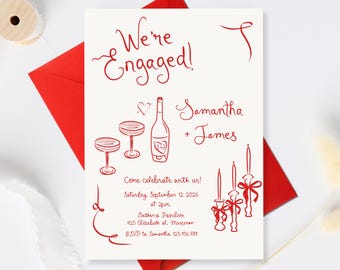 Könnte beinhalten: Rote und weiße Verlobungsankündigungskarte mit einer handschriftlichen Nachricht, die "We're Engaged!" und "Samantha + James" lautet. Die Karte zeigt auch Illustrationen von Weingläsern, einer Weinflasche und Kerzen.