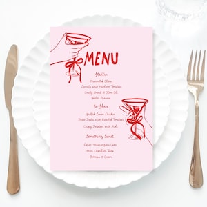Pink Birthday Menu Template printable, Hand drawn Martini Cocktail Illustration 40th birthday pink menu, Pink Wedding drinks menu pink