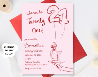 21st Birthday Invitation, Whimsical Twenty One Birthday Invite, Red Pink Editable Adult Party Invitation, hand drawn 21st Birthday invite