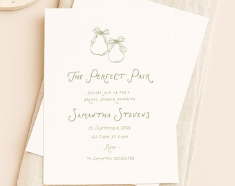 The Perfect Pair Bridal Shower Invitation, Pear Theme Bridal Invite, Sage Green Wedding Shower Template, Editable Elegant Pear Bridal Shower