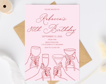 30th Birthday Invitation, Cheers Thirty Birthday Invite, Cocktail 21st Adult Party Invitation Printable 30 Template, Wine 30th invite