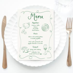 Green Wedding Menu Template printable, Hand drawn line art illustrated wedding party food menu, Modern wedding menu scribble menu icons