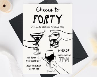 40th Birthday Invitation Template, Girl 40th birthday invite, Cheers to 40 Years Invitation, dirty martini wine Invite template cheers to 40
