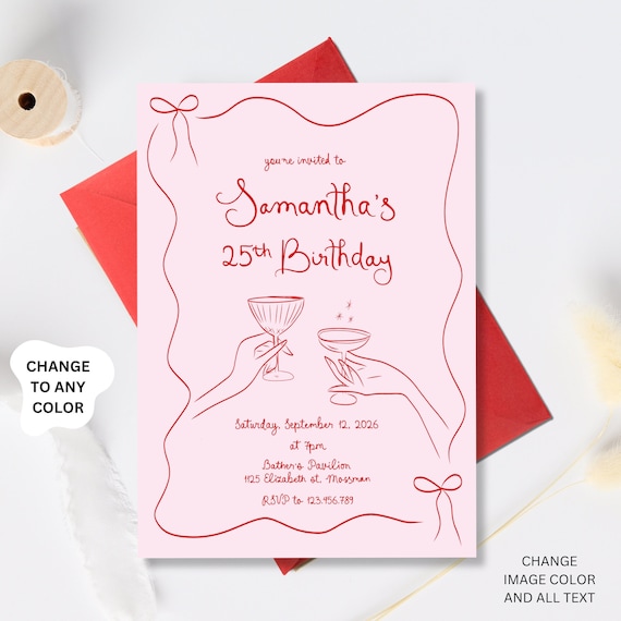 25th Birthday Invitation, Whimsical Twenty Five Birthday Invite, Red Pink Editable Adult Party Invitation hand drawn 25th Birthday invite 25