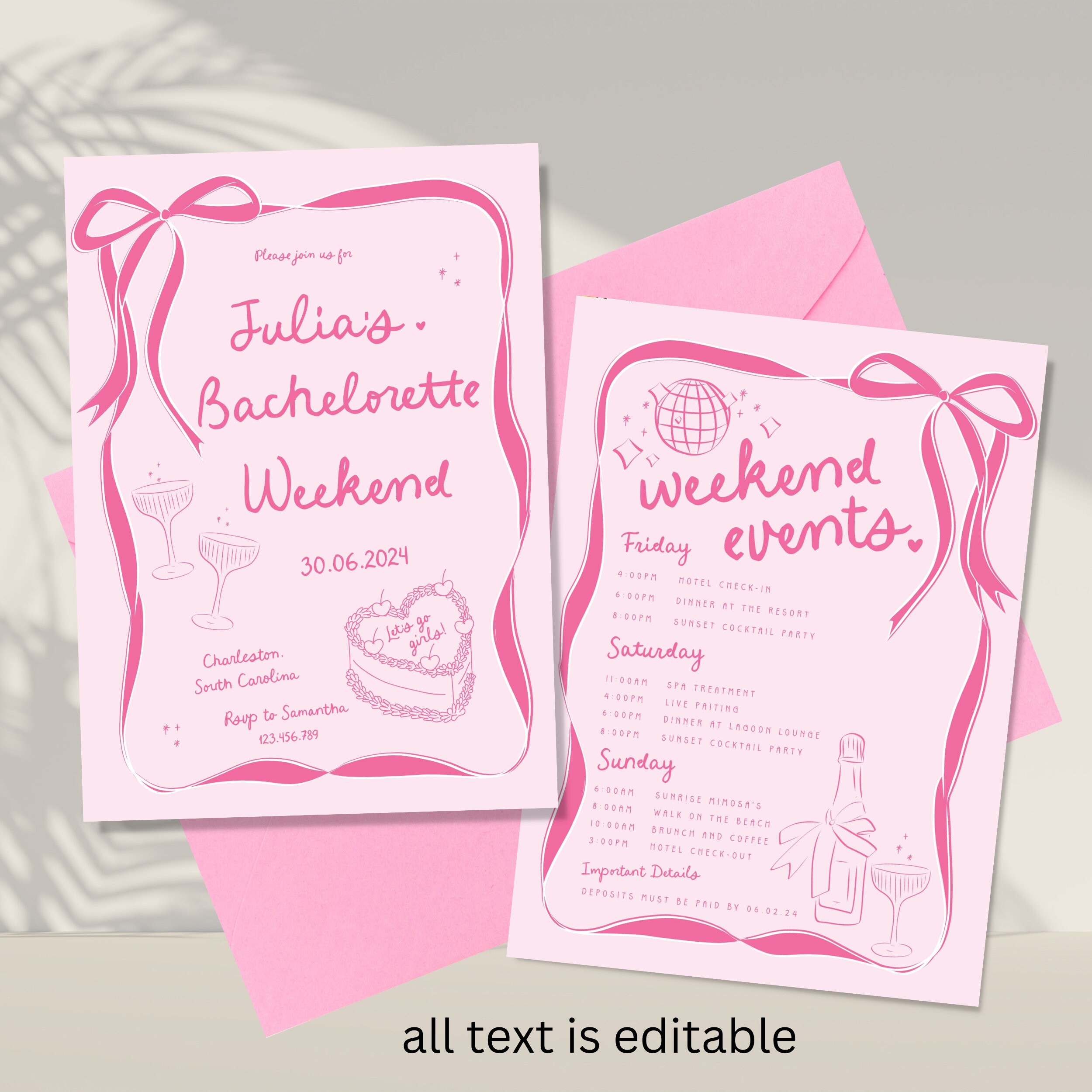 Invitations Week Pink Bachelorette Weekend Invitation, Hens Weekend Wavy Invite Pretty ...
