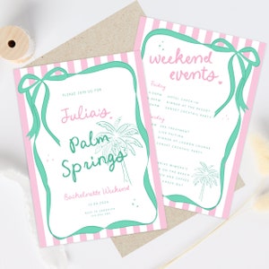 Palm Springs Bachelorette Party Invite Template, Pink Bachelorette Weekend Invitation, Wavy Invite Pretty Bow Trendy Hens invite Itinerary