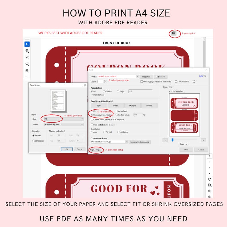 May include: A computer screen showing a step-by-step guide on how to print an A4 size document using Adobe PDF Reader. The guide includes instructions on selecting the printer, paper size, and fit or shrink options. The screen also shows a preview of the document being printed.