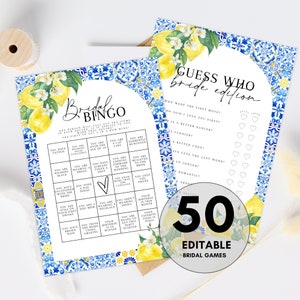 Blue Tiles and Lemons Bridal Shower Games Bundle, 50 Editable Italian Bridal Shower Games Bundle, Citrus Bridal Shower Games, Mediterranean