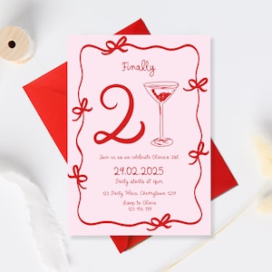 Finally 21 Birthday Invitation Template, Pink 21st Birthday Invitation, Whimsical Twenty One Birthday, illustrated 21st Birthday invite red