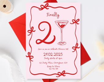 Finally 21 Birthday Invitation Template, Pink 21st Birthday Invitation, Whimsical Twenty One Birthday, illustrated 21st Birthday invite red