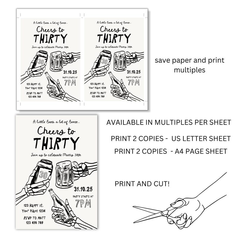 May include: Black and white invitation design for a 30th birthday party. The invitation features the text "Cheers to Thirty" with illustrations of beer and a bottle. Includes party details and RSVP information.