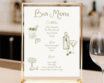 Green Drink Bar Menu Template printable, Hand drawn line art illustrated bar menu, Wedding menu Editable scribble menu French style