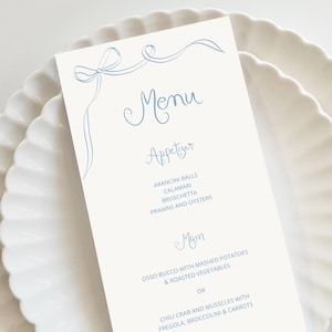 Bow blue Menu Template printable blue baby shower menu Handwritten party food menu, Hand drawn bridal shower menu blue birthday tie the knot