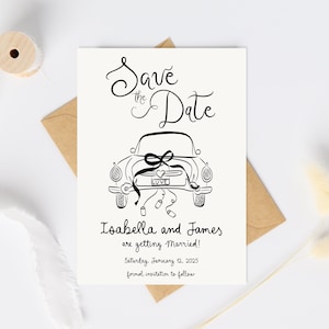 Save the Date invitation whimsical handdrawn, Modern Save the Date, Editable Wedding Save The Date Template, Save the date drawn wedding car