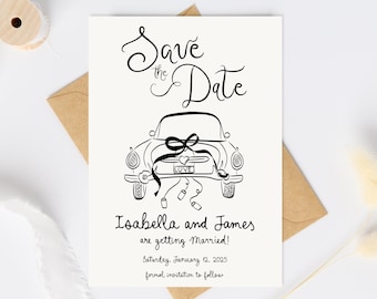 Save the Date invitation whimsical handdrawn, Modern Save the Date, Editable Wedding Save The Date Template, Save the date drawn wedding car