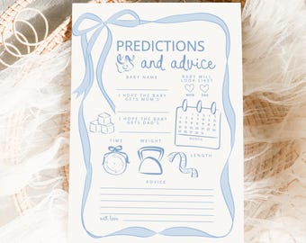 Predictions and Advice Baby Shower Games, Whimsical Blue Beige bow Border Template Editable Baby Shower, blue baby shower game drawn bow