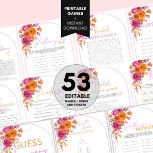 Puede incluir: Un conjunto de 53 juegos de despedida de soltera imprimibles con ilustraciones florales en rosa, naranja y amarillo. Los juegos incluyen "What's on your phone", "Wedding A-Z", "Bridal Scattergories", "Mad Libs", "Bridal Word Search", "Guess Who Bride Edition", "Bridal Bingo", "Guess the Bride's Hair and Dress" y "Wedding Memory".