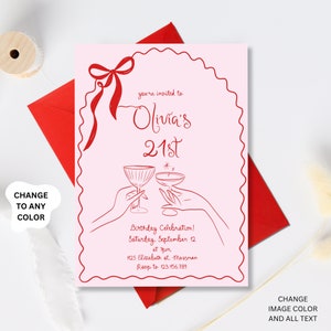 Op de afbeelding: Roze uitnodiging met een rode strik en een rode omtrek van twee handen die champagne glazen vasthouden. De tekst luidt "You're invited to Olivia's 21st Birthday Celebration! Zaterdag 12 september om 19:00 uur 1125 Elizabeth st. Mossman RSVP naar 123.456.789"