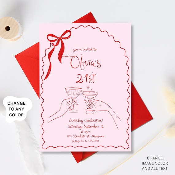 21st Birthday Invitation, Whimsical Twenty One Birthday Invite, Red Pink Editable Adult Party Invitation, hand drawn 21st Birthday invite