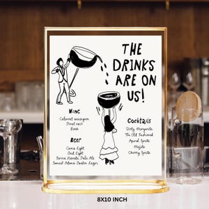 Drinks Menu Template printable, Handwritten Wedding Bar Menu, Drinks wedding menu drawn, whimsical the drinks are on us bar sign engagement