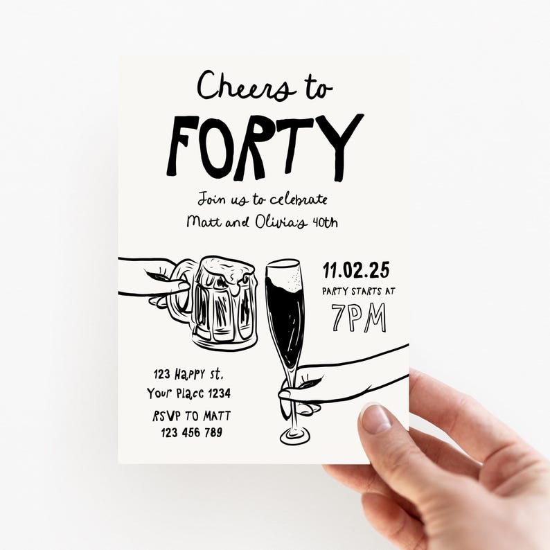 Może przedstawiać: Czarno-biała ilustracja kufla piwa i kieliszka szampana, z tekstem "Cheers to Forty" i "Join us to celebrate Matt and Olivia's 40th". Data "11.02.25" i godzina "7PM" są r&oacute;wnież zawarte, wraz z adresem i informacjami RSVP.