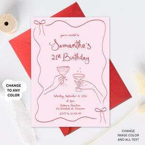 May include: Pink invitation with red text and illustrations. The text reads "you're invited to Samantha's 21st Birthday. Saturday, September 12, 2026 at 7pm. Bather's Pavilion 1125 Elizabeth st. Mossman RSVP to 123.456.789"
