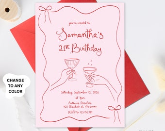 21st Birthday Invitation, Whimsical Twenty One Birthday Invite, Red Pink Editable Adult Party Invitation, hand drawn 21st Birthday invite
