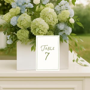 May include: A white rectangular box overflowing with green and blue flowers, with a white table number card that reads "Table 7" in green script. The flowers are a mix of hydrangeas and other greenery, creating a fresh, natural arrangement.
