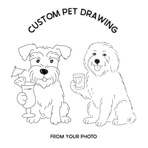 Disegno personalizzato di un animale domestico che tiene in mano un bicchiere da Martini, un bicchiere da vino, un disegno di un cane per drink esclusivi, un'illustrazione clipart personalizzata da una foto di un cocktail