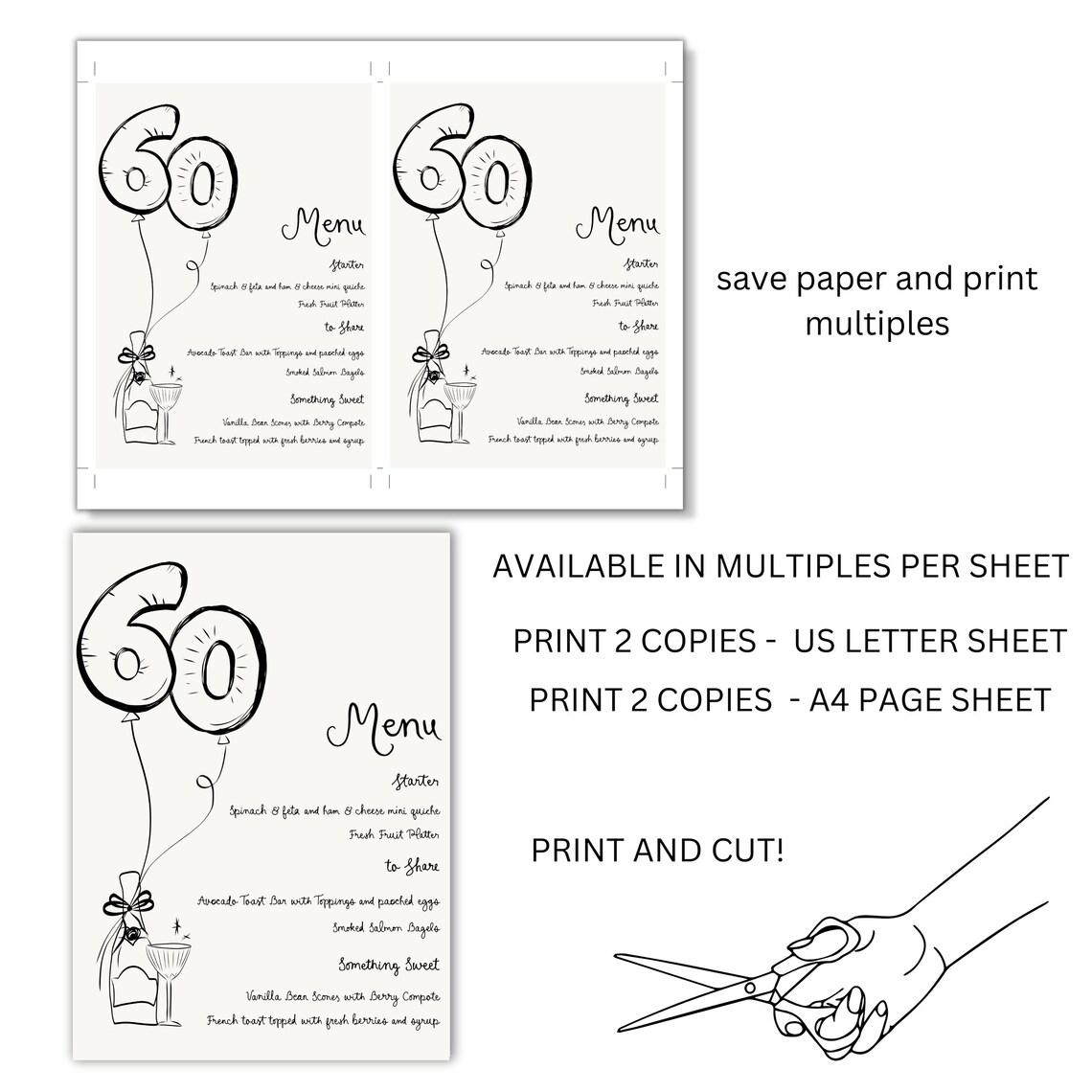 60th Birthday Menu Template Printable, Hand Drawn Dinner Menu for 60th ...