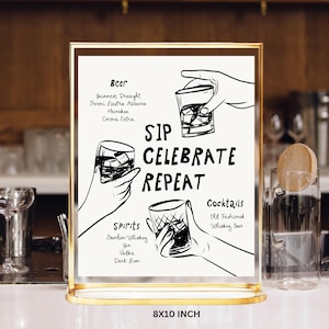 Drinks Menu Template printable, 30th birthday beer Bar Menu, Drinks wedding menu, cheers sip celebrate repeat whisky bar sign engagement