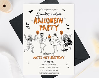 Puede incluir: Invitación a una fiesta de Halloween con el texto "Spooktacular Halloween Party" en naranja. La invitación presenta ilustraciones de esqueletos, fantasmas y murciélagos. La invitación incluye la fecha, la hora y la información de RSVP.