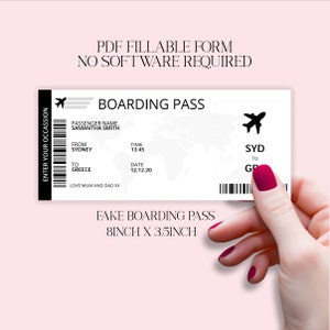 May include: A printable boarding pass template for a fake trip from Sydney to Greece. The template is 8 inches by 3.5 inches and includes space for the passenger name, time, date, and a message from the sender.