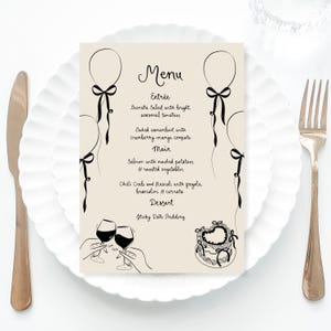 Balloon Birthday Dinner Menu Template printable, Hand drawn line art illustrated engagement menu, Birthday menu balloon scribble menu style