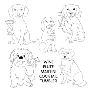 Disegno personalizzato di un animale domestico che tiene in mano un bicchiere da Martini, un bicchiere da vino, un disegno di un cane per drink esclusivi, un'illustrazione clipart personalizzata da una foto di un cocktail