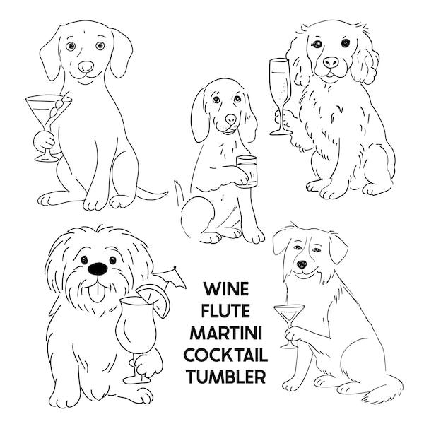 Custom Pet Drawing Holding Martini Glass, wine glass, Dog line art for Signature Drinks, Custom Clipart Illustration from photo cocktail