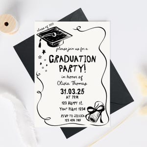 Graduation Party Invitation Template, Editable Graduation Announcement Invite, Hand drawn graduation hat invite, Graduation Party Template