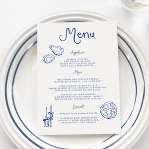 Blue Dinner Menu, French bistro Menu Printable, Elegant Editable Wedding Menu Template for Reception Dinner, oyster blue menu bridal shower