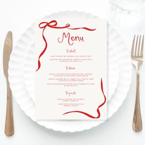 Red bow Menu Template printable, Hand drawn line art Christmas food menu red, Whimsical menu scribble, Wedding Menu Template Printable