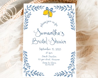 Lemon Bridal Shower Invitation Template, Illustrated Positano lemon Bridal Shower Invite, Lemon bridal brunch invitation Mediterranean Italy