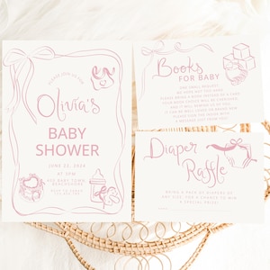 Hand Drawn Baby Shower Invitation Template, Whimsical bow baby shower Handwritten pink invite Whimsical Baby Brunch Bow Baby girl invitation