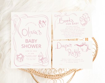May include: Pink and white baby shower invitation cards with illustrations of a baby bottle, a dummy, a nappy, and a bow. The text on the cards reads "Olivia's Baby Shower", "Books for Baby", and "Diaper Raffle".