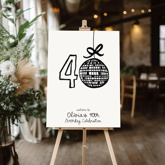 40th Birthday welcome sign Template, Disco 40th birthday sign, Cheers to 40 Years welcome sign, bow Disco ball Forty welcome poster template