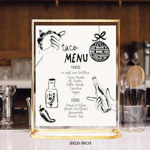 Taco menu Mexican Menu sign Template printable, Let's Fiesta menu food menu, Tacos and tequila menu, Mexican bridal shower menu engagement