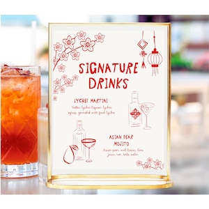 Chinese New Year Drink Bar Menu Template printable, Hand drawn line art illustrated bar menu, Chinese themed Wedding menu, Lunar New year