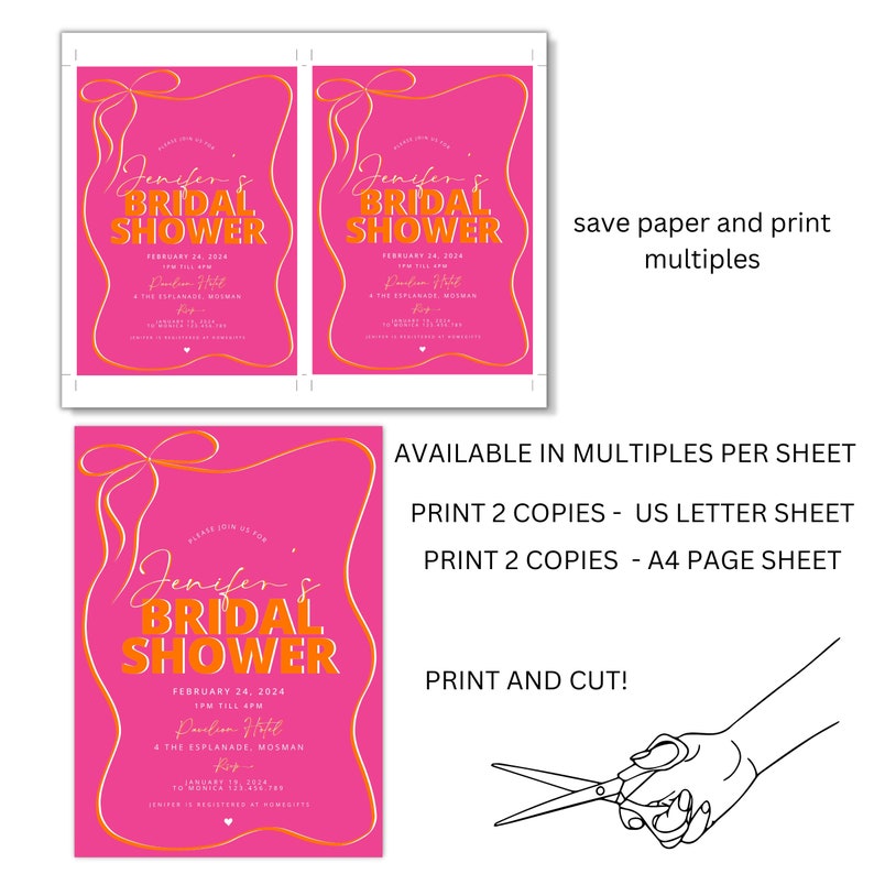 Bridal shower invitation Orange Pink wave invitation, Bridal shower invitation template, Pretty Bow Pink and Orange Bridal Shower invite Hen image 4