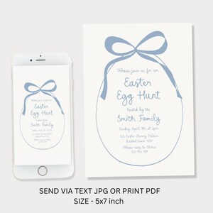 May include: A blue and white printable invitation for an Easter egg hunt. The invitation features a blue ribbon tied around a white egg with the text "Please join us for an Easter Egg Hunt hosted by the Smith Family" and details about the event.